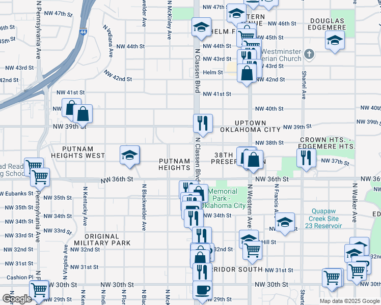 map of restaurants, bars, coffee shops, grocery stores, and more near 3815 N Classen Blvd in Oklahoma City