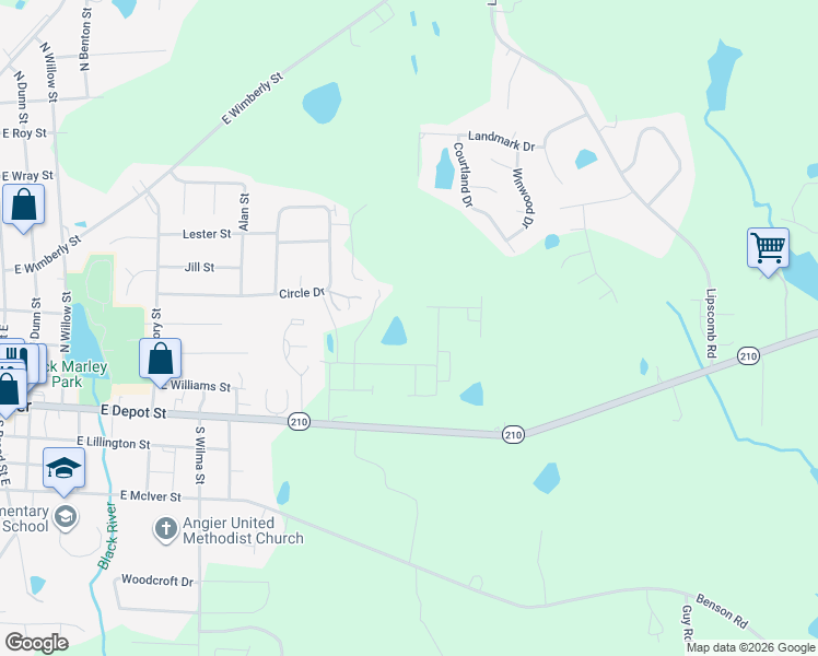 map of restaurants, bars, coffee shops, grocery stores, and more near 170 Cally Lily Way in Angier