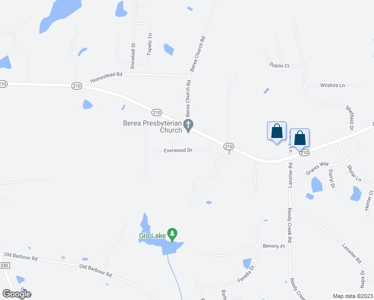 map of restaurants, bars, coffee shops, grocery stores, and more near Everwood Drive in Johnston County