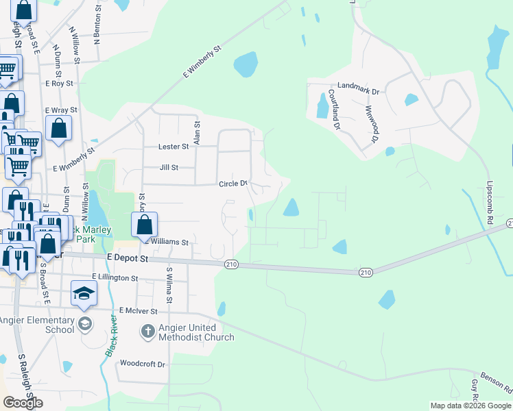 map of restaurants, bars, coffee shops, grocery stores, and more near 78 Blackthorn Lane in Angier
