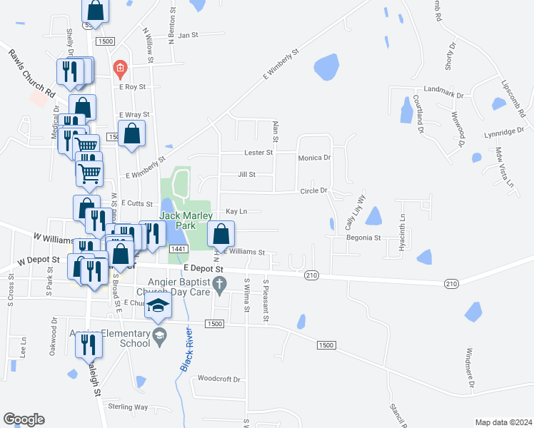 map of restaurants, bars, coffee shops, grocery stores, and more near 260 Kay Lane in Angier