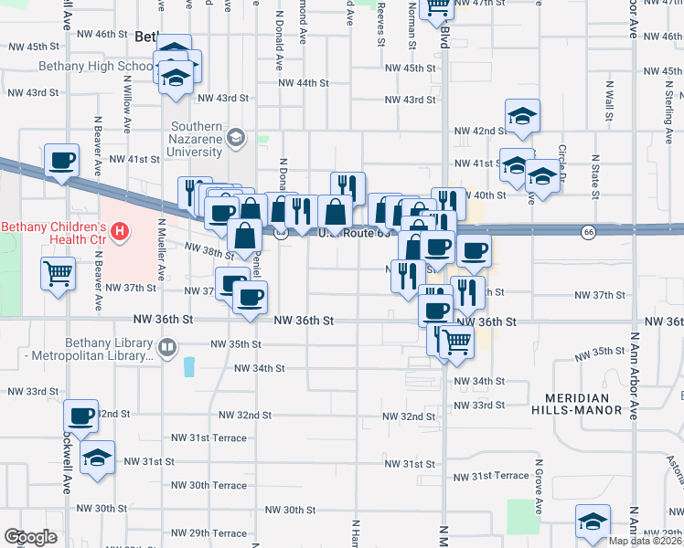 map of restaurants, bars, coffee shops, grocery stores, and more near 6304 Northwest 38th Street in Bethany