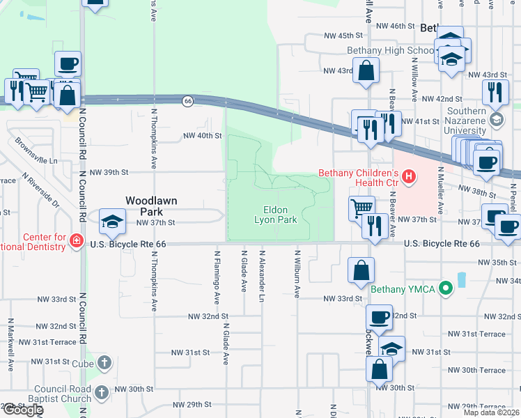 map of restaurants, bars, coffee shops, grocery stores, and more near in Woodlawn Park