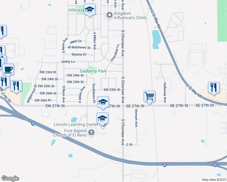 map of restaurants, bars, coffee shops, grocery stores, and more near 2500 Southwest 25th Street in El Reno