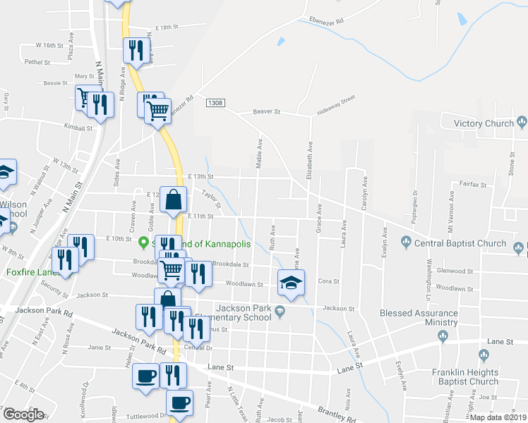 map of restaurants, bars, coffee shops, grocery stores, and more near 1105 East 11th Street in Kannapolis