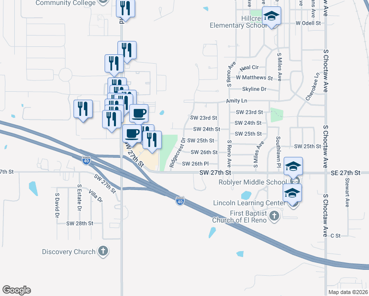 map of restaurants, bars, coffee shops, grocery stores, and more near 814 Southwest 26th Street in El Reno