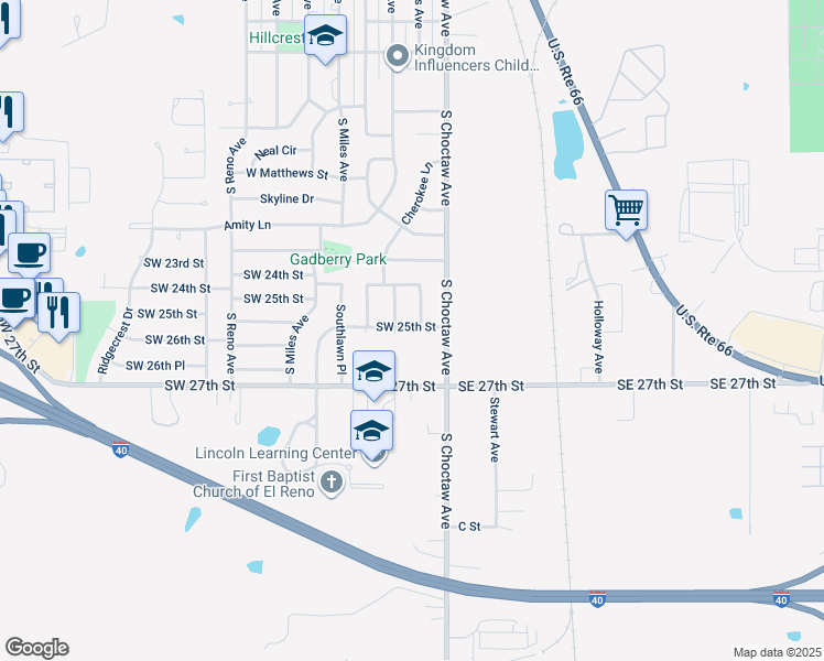 map of restaurants, bars, coffee shops, grocery stores, and more near 2500 Southwest 25th Street in El Reno