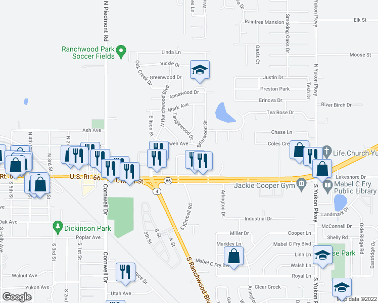 map of restaurants, bars, coffee shops, grocery stores, and more near 100 North Kimbell Road in Yukon
