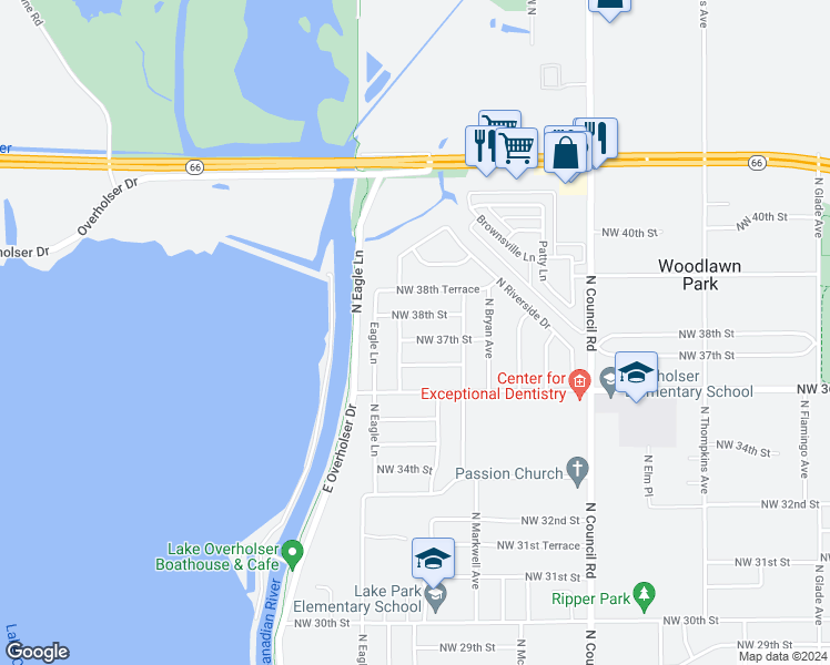 map of restaurants, bars, coffee shops, grocery stores, and more near 8301 Northwest 37th Street in Bethany