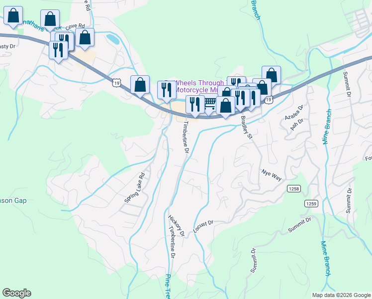 map of restaurants, bars, coffee shops, grocery stores, and more near 170 Timberline Drive in Maggie Valley