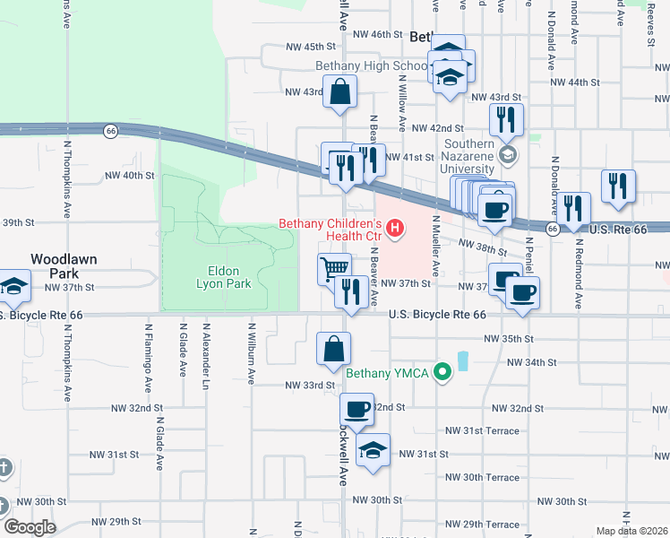 map of restaurants, bars, coffee shops, grocery stores, and more near 3805 North Rockwell Avenue in Bethany