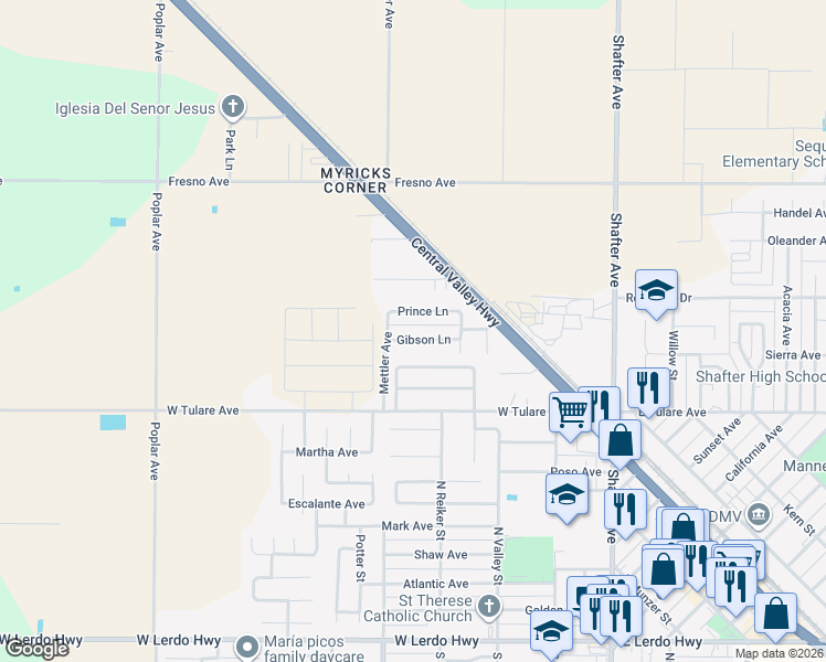 map of restaurants, bars, coffee shops, grocery stores, and more near 514 Gibson Lane in Shafter