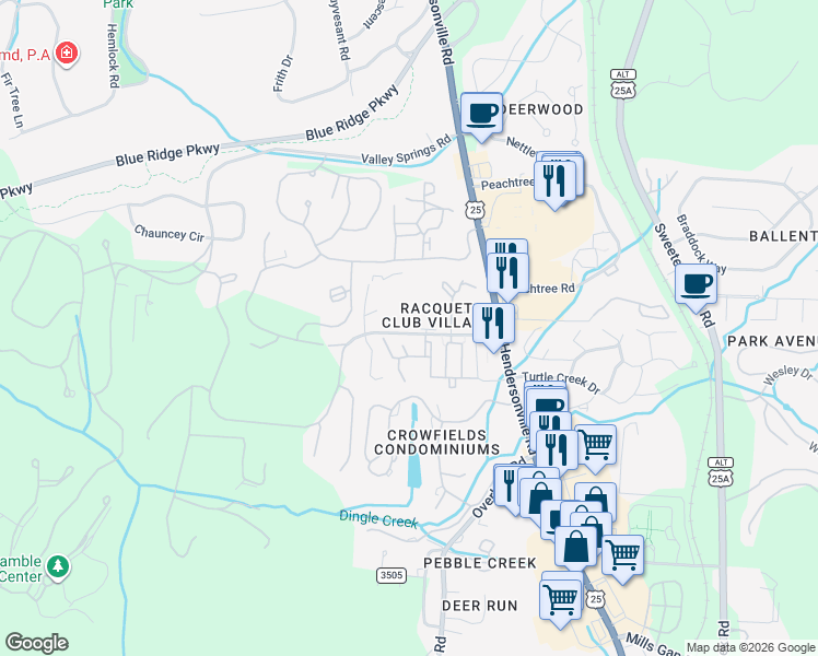map of restaurants, bars, coffee shops, grocery stores, and more near 9408 Legacy Oaks Place in Asheville