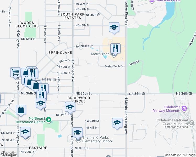 map of restaurants, bars, coffee shops, grocery stores, and more near 1616 Northeast 39th Street in Oklahoma City