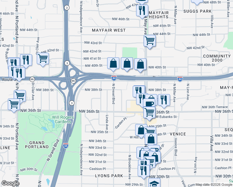 map of restaurants, bars, coffee shops, grocery stores, and more near 3809 North Hartford Street in Oklahoma City
