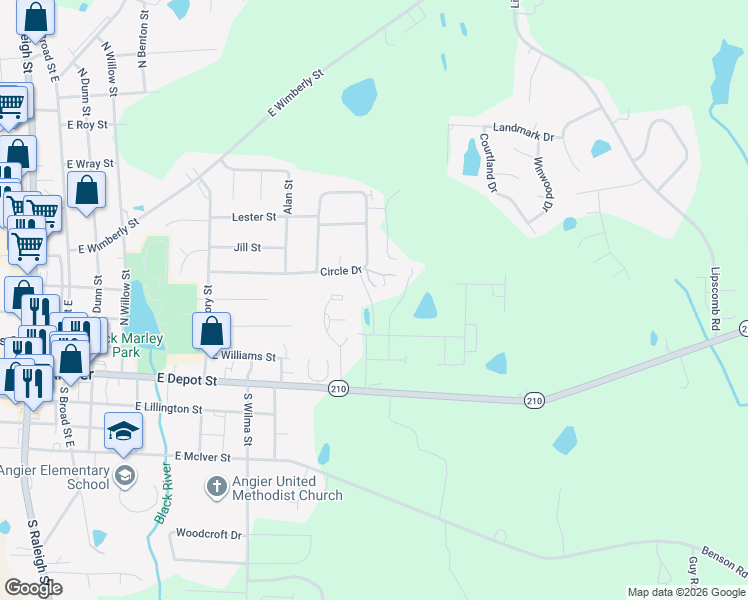 map of restaurants, bars, coffee shops, grocery stores, and more near 46 Bowden Family Lane in Angier