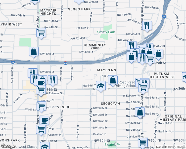 map of restaurants, bars, coffee shops, grocery stores, and more near 2421 Northwest 38th Street in Oklahoma City