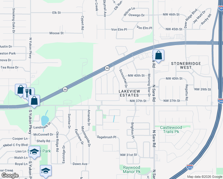 map of restaurants, bars, coffee shops, grocery stores, and more near 3821 Pamela Lane in Yukon