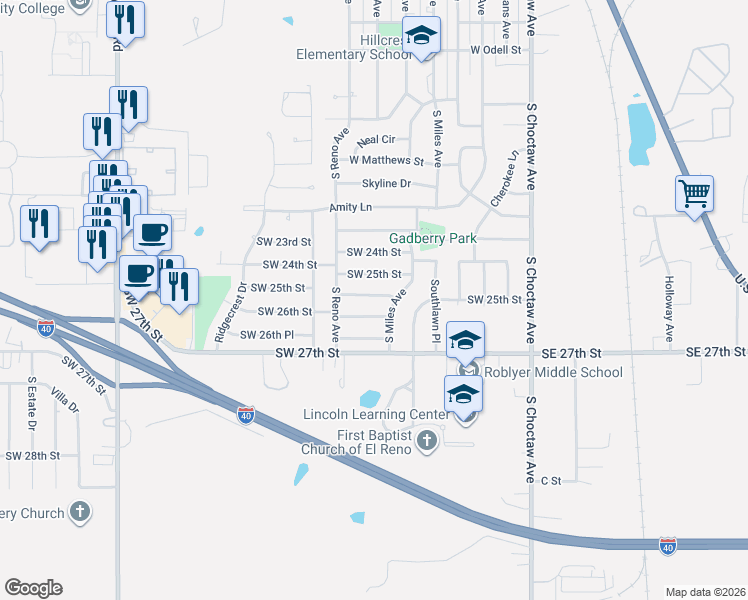 map of restaurants, bars, coffee shops, grocery stores, and more near 600 Southwest 26th Street in El Reno