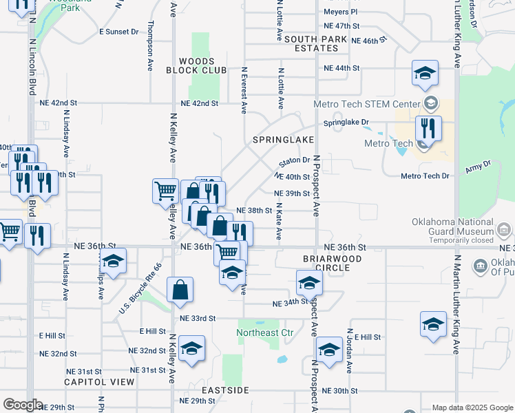 map of restaurants, bars, coffee shops, grocery stores, and more near 1213 Northeast 38th Street in Oklahoma City