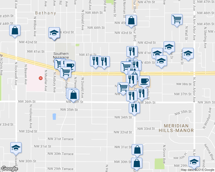 map of restaurants, bars, coffee shops, grocery stores, and more near 3899 North Hammond Avenue in Warr Acres