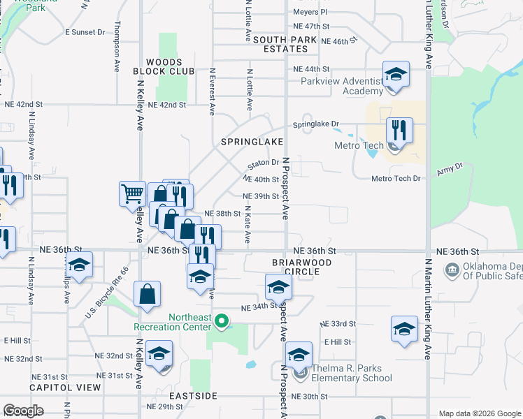 map of restaurants, bars, coffee shops, grocery stores, and more near 1400 Northeast 38th Street in Oklahoma City