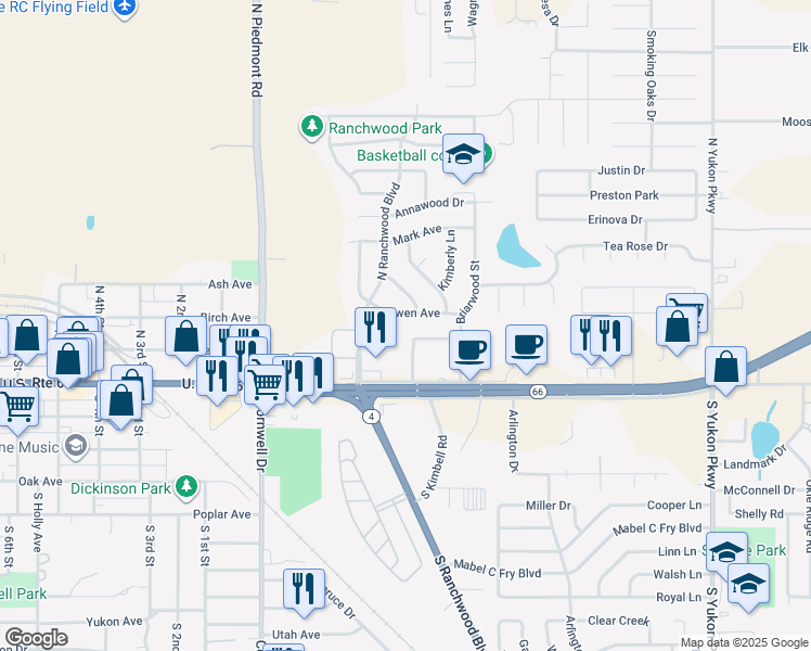 map of restaurants, bars, coffee shops, grocery stores, and more near 410 Owen Avenue in Yukon