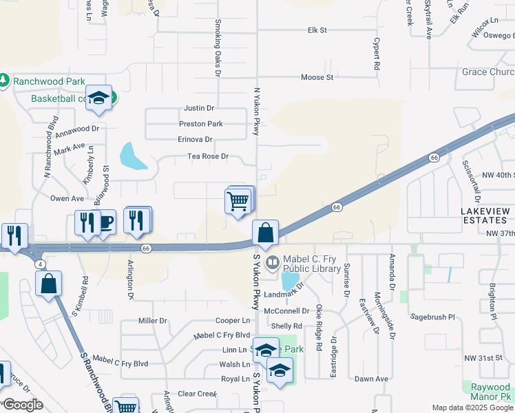 map of restaurants, bars, coffee shops, grocery stores, and more near 2800 North Mustang Road in Yukon