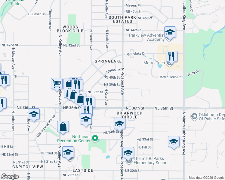 map of restaurants, bars, coffee shops, grocery stores, and more near 1400 Northeast 38th Street in Oklahoma City