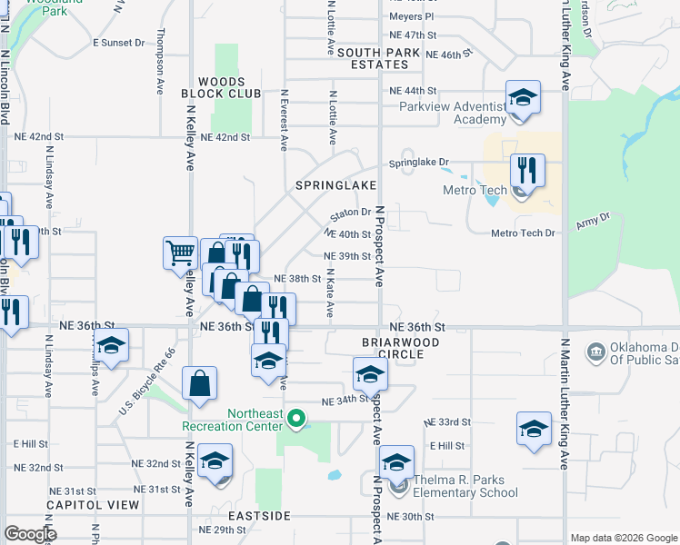 map of restaurants, bars, coffee shops, grocery stores, and more near 1236 Northeast 38th Street in Oklahoma City