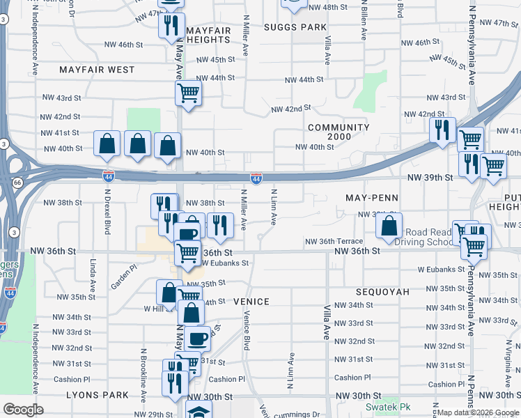 map of restaurants, bars, coffee shops, grocery stores, and more near 2601 Northwest 37th Street in Oklahoma City