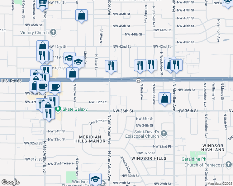 map of restaurants, bars, coffee shops, grocery stores, and more near 3830 North Ann Arbor Avenue in Oklahoma City