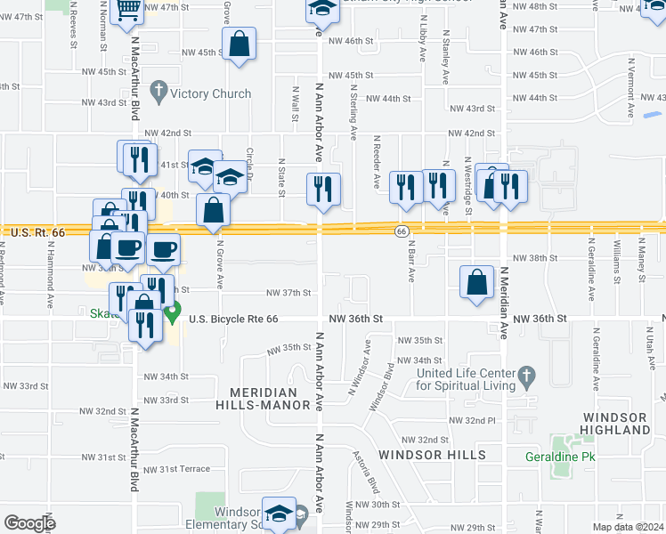map of restaurants, bars, coffee shops, grocery stores, and more near 3830 North Ann Arbor Avenue in Oklahoma City