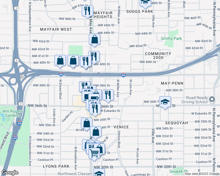 map of restaurants, bars, coffee shops, grocery stores, and more near 2725 Northwest 37th Street in Oklahoma City