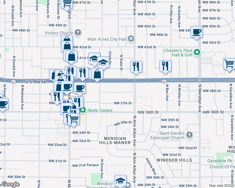 map of restaurants, bars, coffee shops, grocery stores, and more near 5601 Northwest 37th Street in Warr Acres