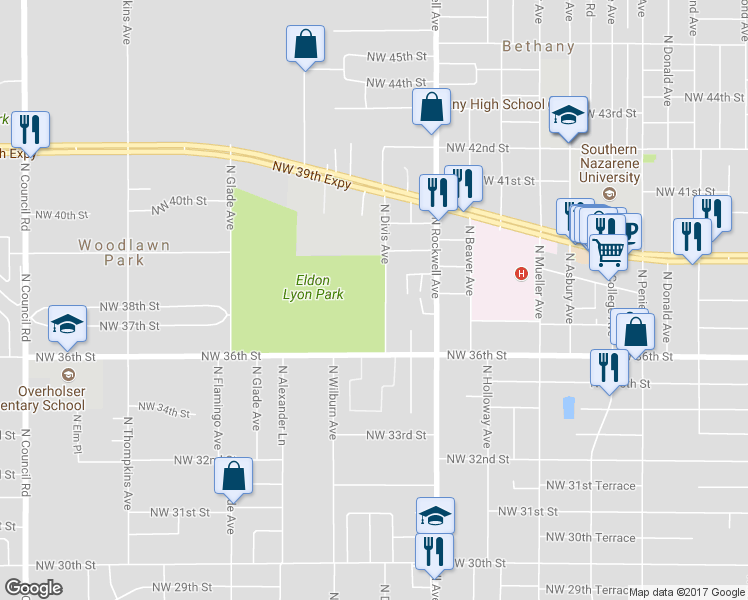 map of restaurants, bars, coffee shops, grocery stores, and more near 3815 North Divis Avenue in Bethany