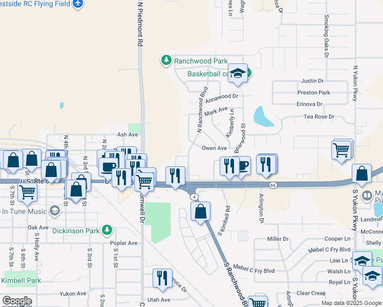 map of restaurants, bars, coffee shops, grocery stores, and more near 119 North Ranchwood Boulevard in Yukon