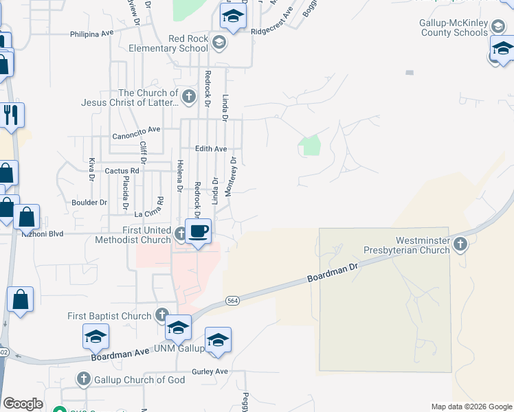 map of restaurants, bars, coffee shops, grocery stores, and more near 999 Monterey Court in Gallup
