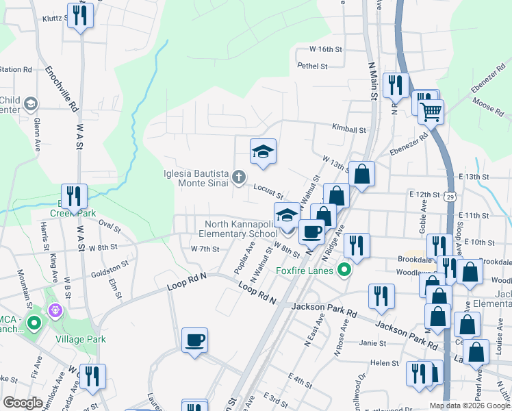 map of restaurants, bars, coffee shops, grocery stores, and more near 310 West 9th Street in Kannapolis