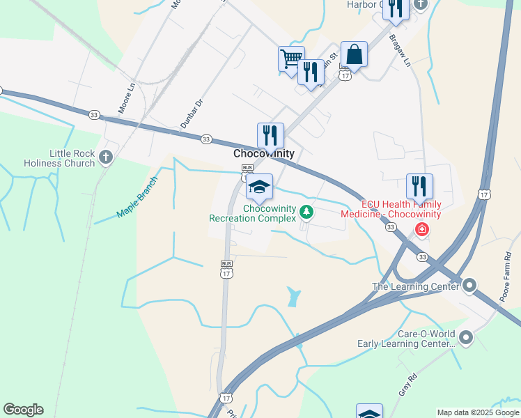map of restaurants, bars, coffee shops, grocery stores, and more near 3831 U.S. 17 in Chocowinity