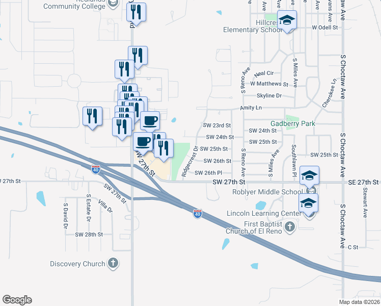 map of restaurants, bars, coffee shops, grocery stores, and more near 2600 Ridgecrest Drive in El Reno