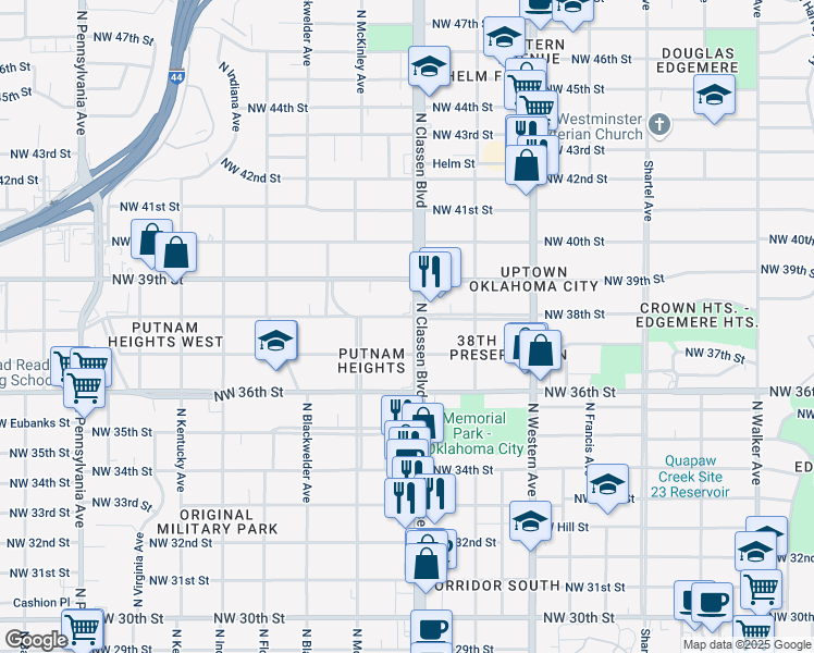 map of restaurants, bars, coffee shops, grocery stores, and more near 3815 N Classen Blvd in Oklahoma City