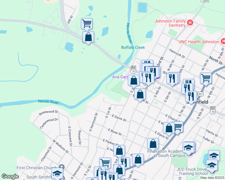 map of restaurants, bars, coffee shops, grocery stores, and more near 200 Kellie Drive in Smithfield