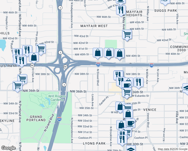 map of restaurants, bars, coffee shops, grocery stores, and more near 3813 North Drexel Boulevard in Oklahoma City