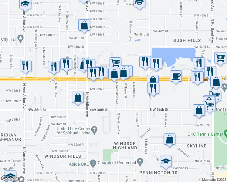 map of restaurants, bars, coffee shops, grocery stores, and more near 3819 North Geraldine Avenue in Oklahoma City