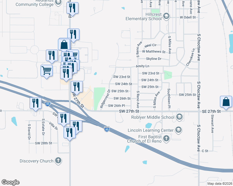 map of restaurants, bars, coffee shops, grocery stores, and more near 814 Southwest 26th Street in El Reno