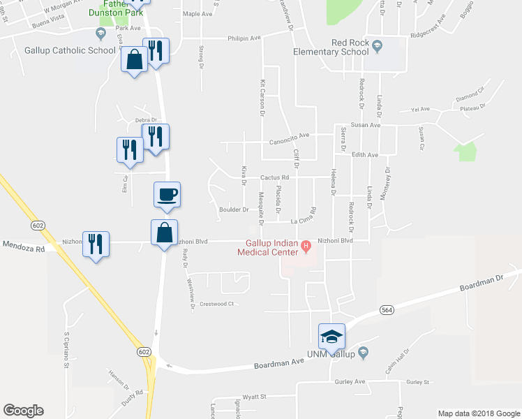 map of restaurants, bars, coffee shops, grocery stores, and more near 1716 Mesquite Drive in Gallup