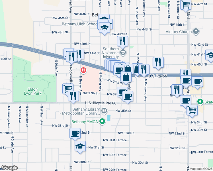 map of restaurants, bars, coffee shops, grocery stores, and more near 3800 North Mueller Avenue in Bethany