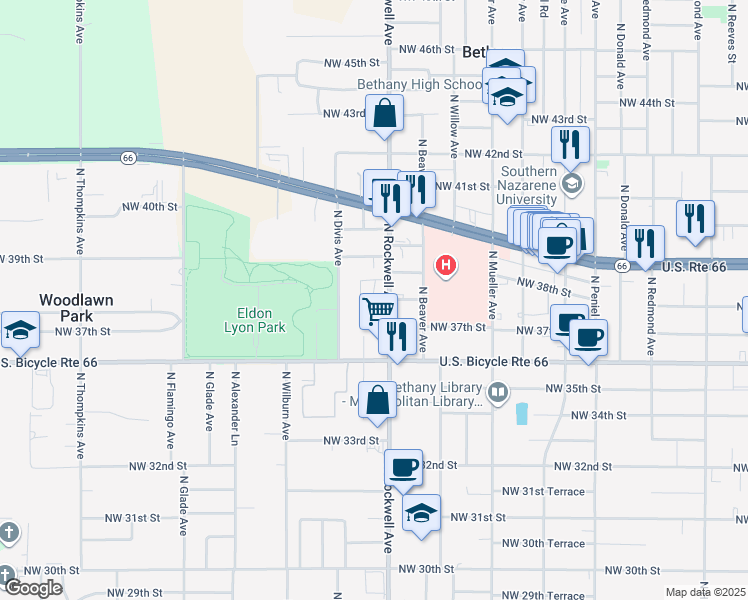 map of restaurants, bars, coffee shops, grocery stores, and more near 3903 North Rockwell Avenue in Bethany