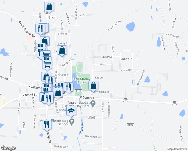 map of restaurants, bars, coffee shops, grocery stores, and more near 125 Kay Lane in Angier